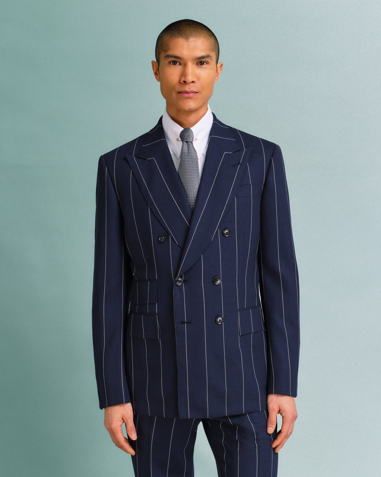 Broad Stripe Double Breasted Drape Jacket