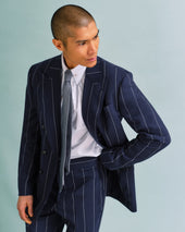 Broad Navy Stripe Double-Breasted Drape Jacket