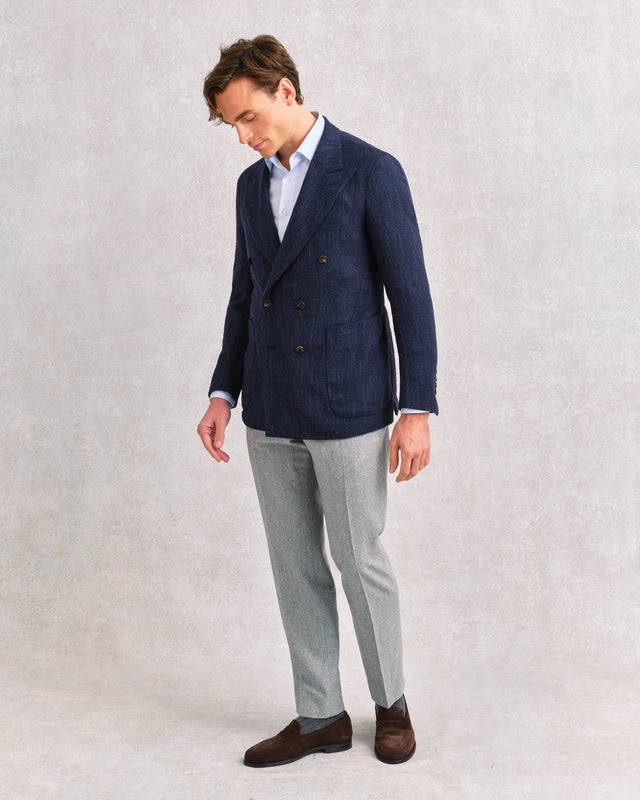 Navy Loose Weave Double-Breasted Unstructured Jacket
