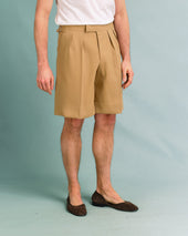Tan Gaberdine Pleated Shorts