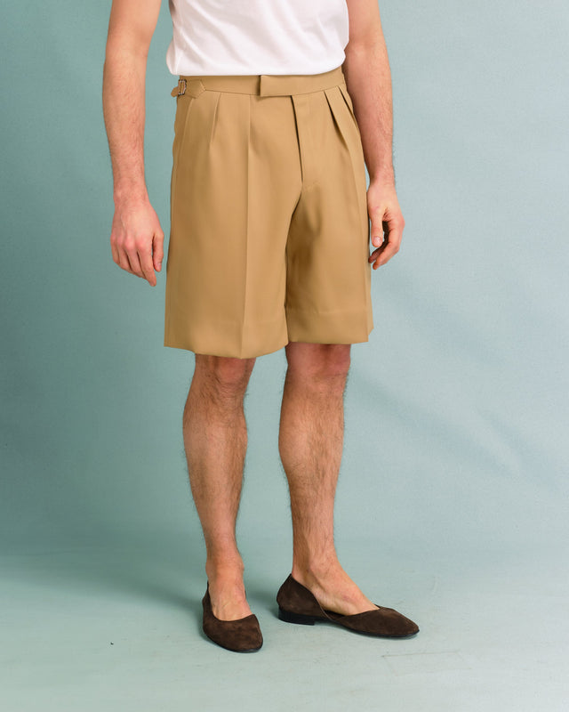 Tan Gaberdine Pleated Shorts