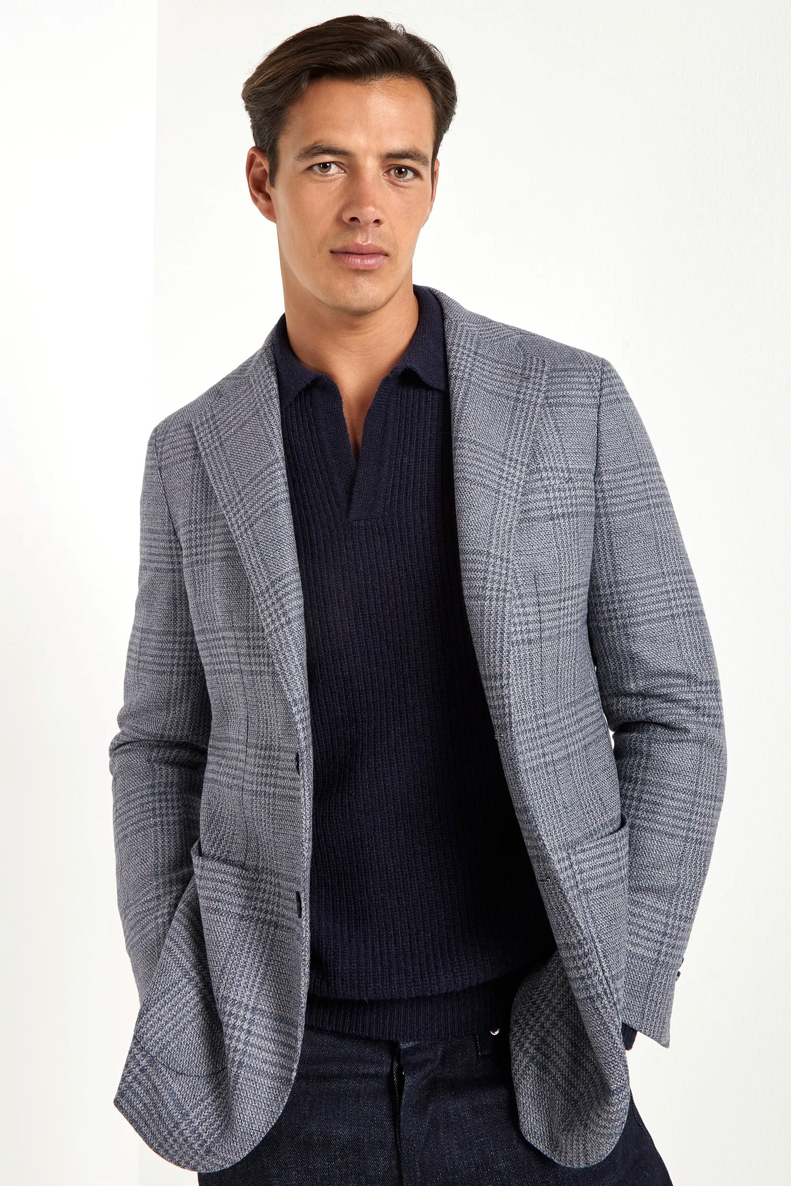Dusty Blue Prince Of Wales Jacket Made In Italy