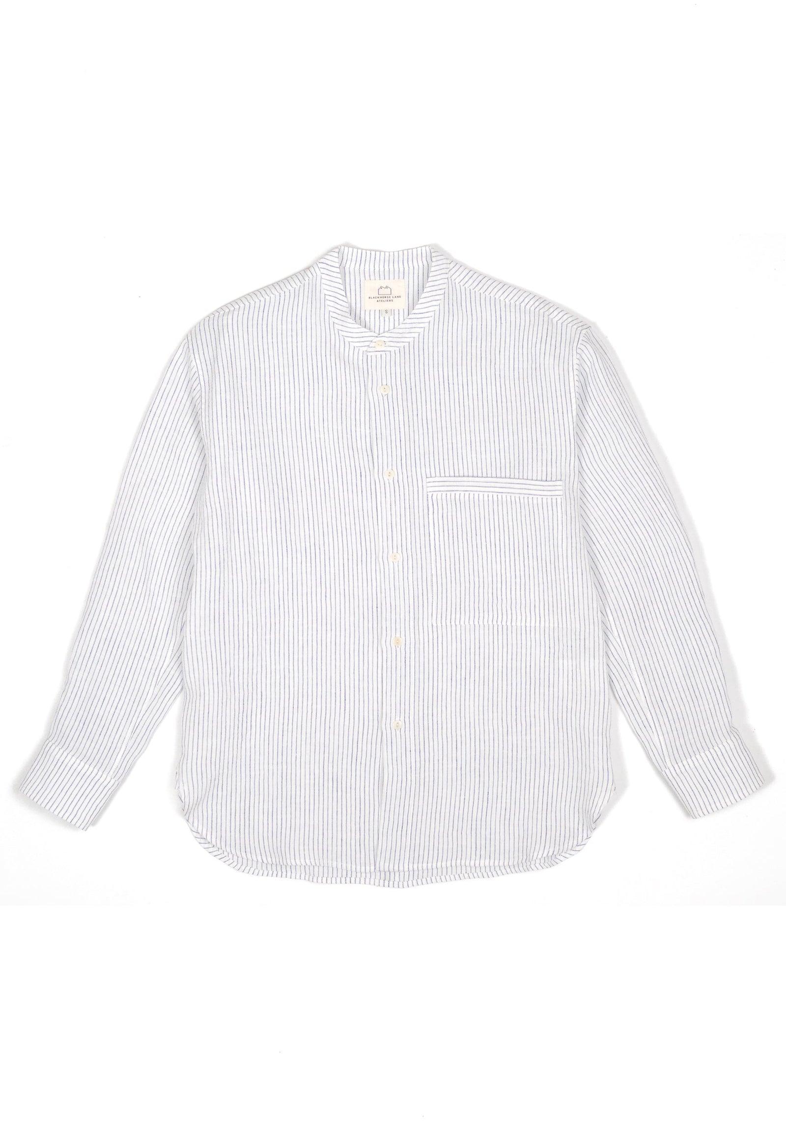 E13 IRISH LINEN COLLARLESS BLUE STRIPED SHIRT