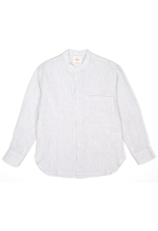 E13 IRISH LINEN COLLARLESS BLUE STRIPED SHIRT