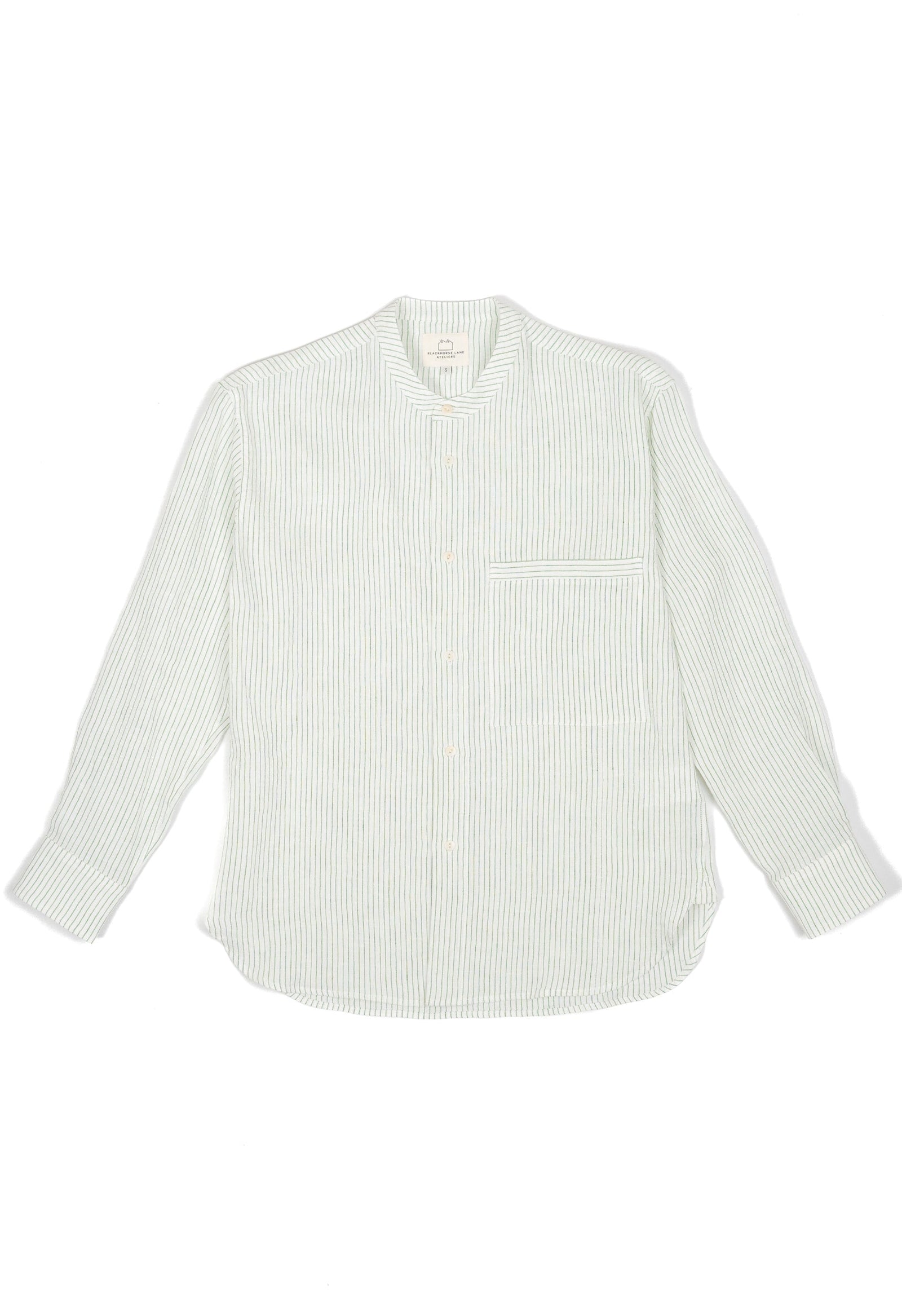 E13 IRISH LINEN COLLARLESS GREEN STRIPED SHIRT