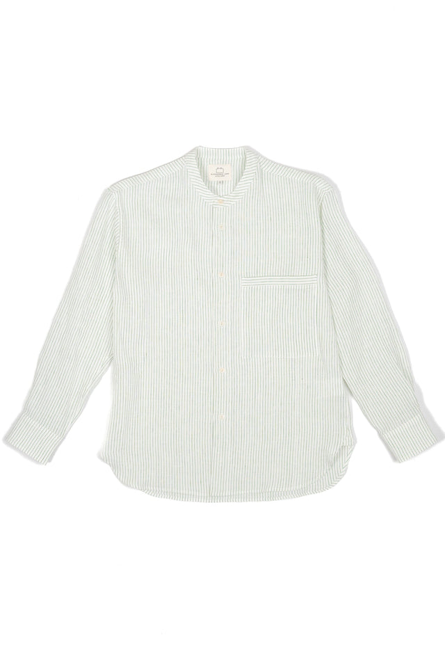E13 IRISH LINEN COLLARLESS GREEN STRIPED SHIRT