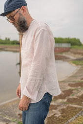 E13 IRISH LINEN COLLARLESS RED STRIPED SHIRT
