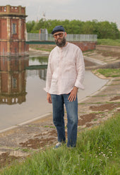 E13 IRISH LINEN COLLARLESS RED STRIPED SHIRT