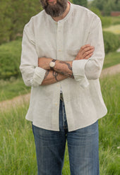 E13 IRISH LINEN COLLARLESS GREEN STRIPED SHIRT