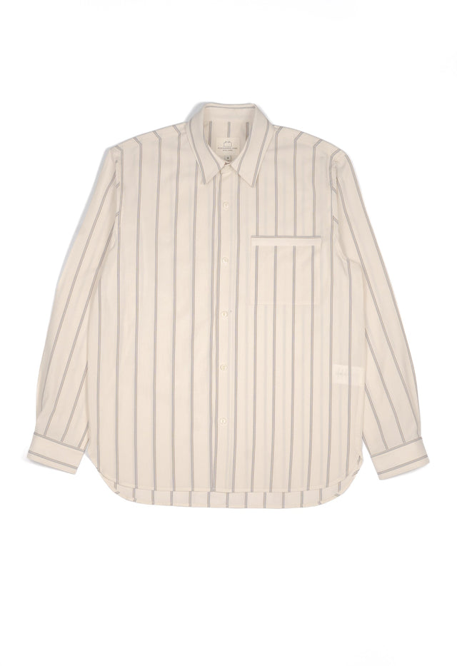 E20 MENS JAPANESE COTTON NAVY AND BROWN TICKING STRIPE 'DAY SHIRT'