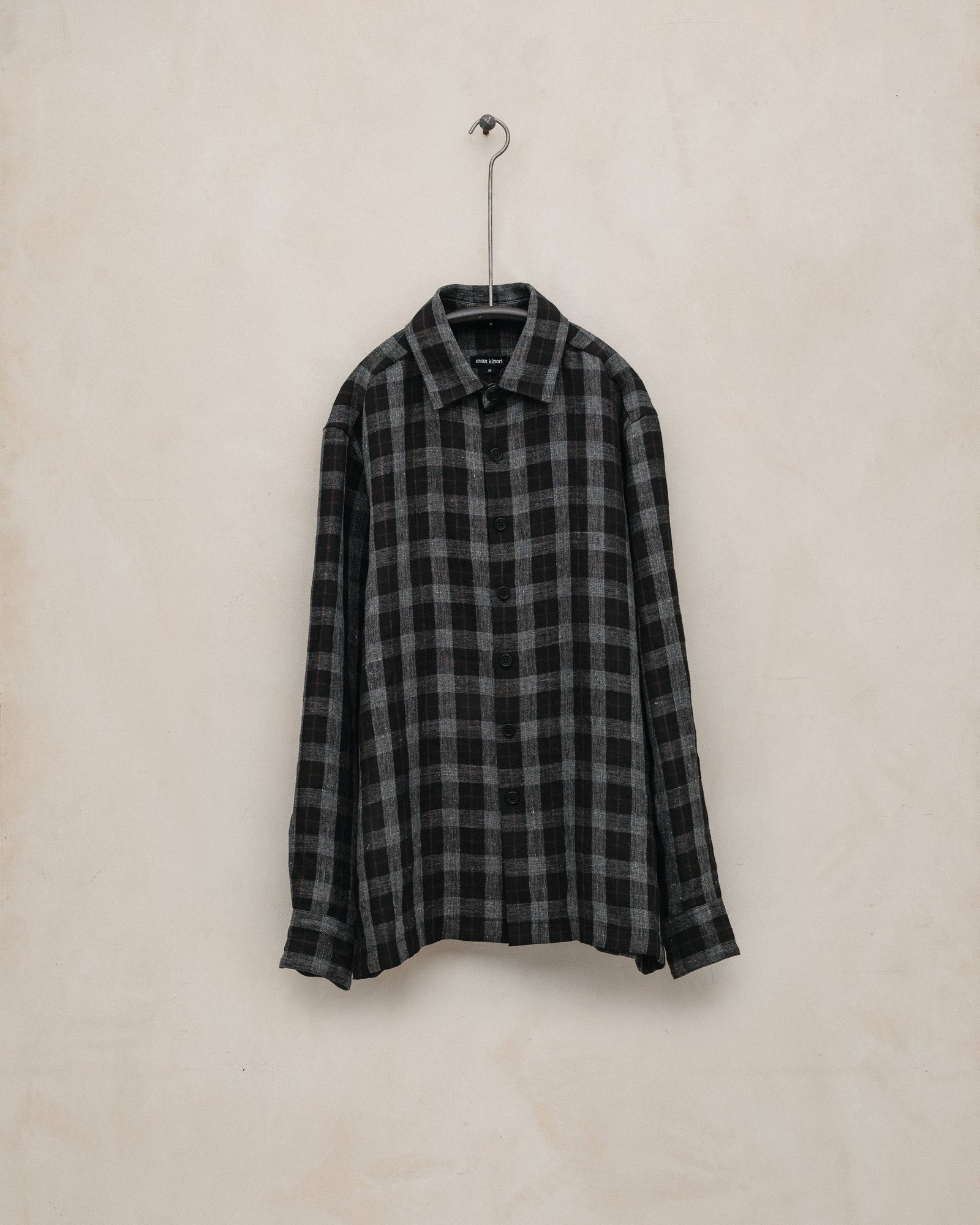 Flat Hem Shirt - Yarn Dyed Linen Check, Charcoal/Brown/Black