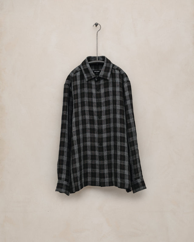 Flat Hem Shirt - Yarn Dyed Linen Check, Charcoal/Brown/Black