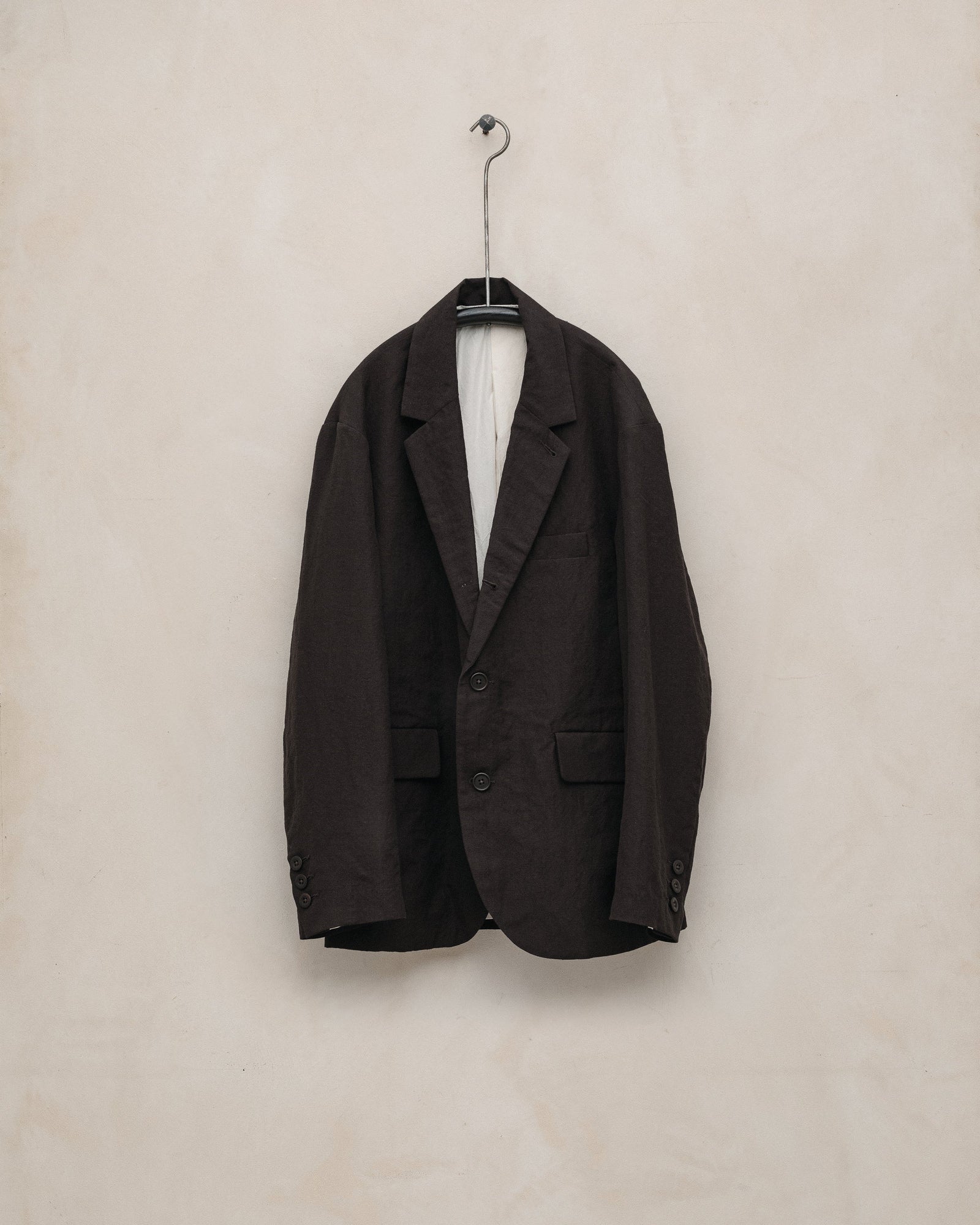 Three Button Jacket - Worsted Wool/Linen Canvas, Dark Brown