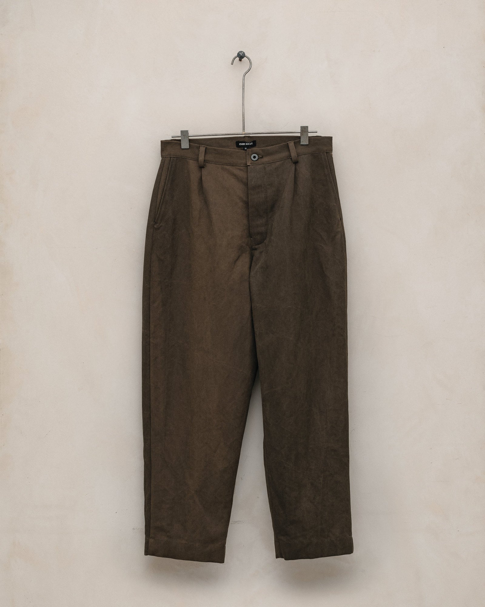 Single Pleat Pant - Sumi Ink Cotton/Washi Canvas, Dark Olive