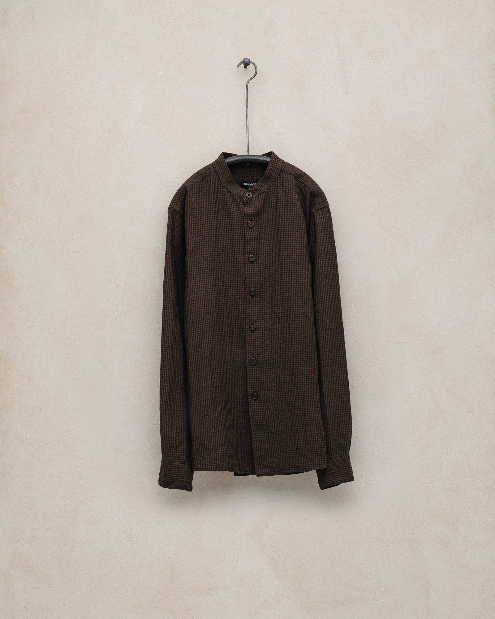 Band Collar Shirt - Logwood Linen Check, Brown/Black (Logwood Overdye)