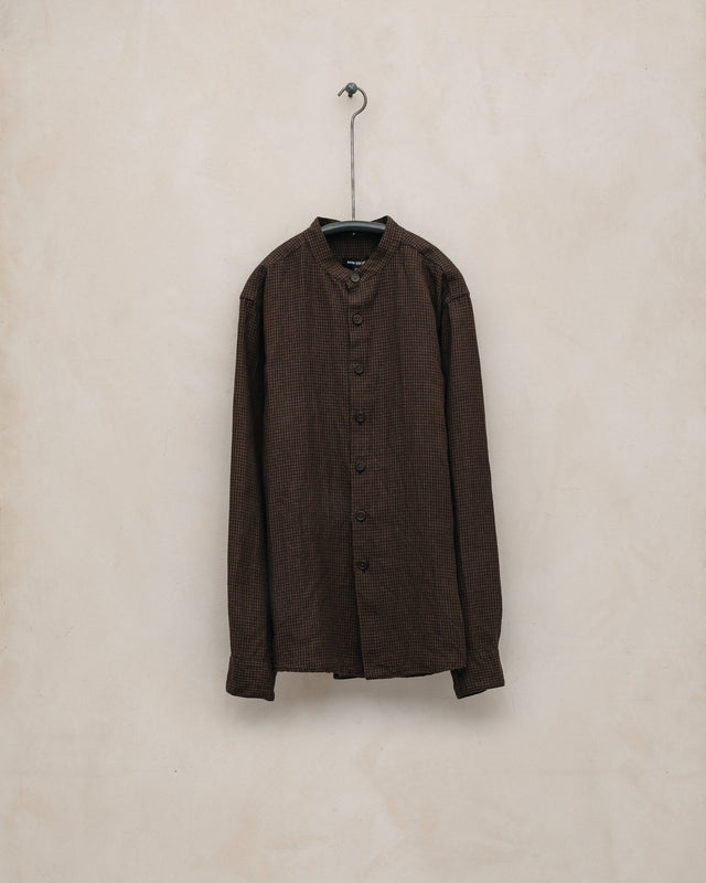 Band Collar Shirt - Logwood Linen Check, Brown/Black (Logwood Overdye)