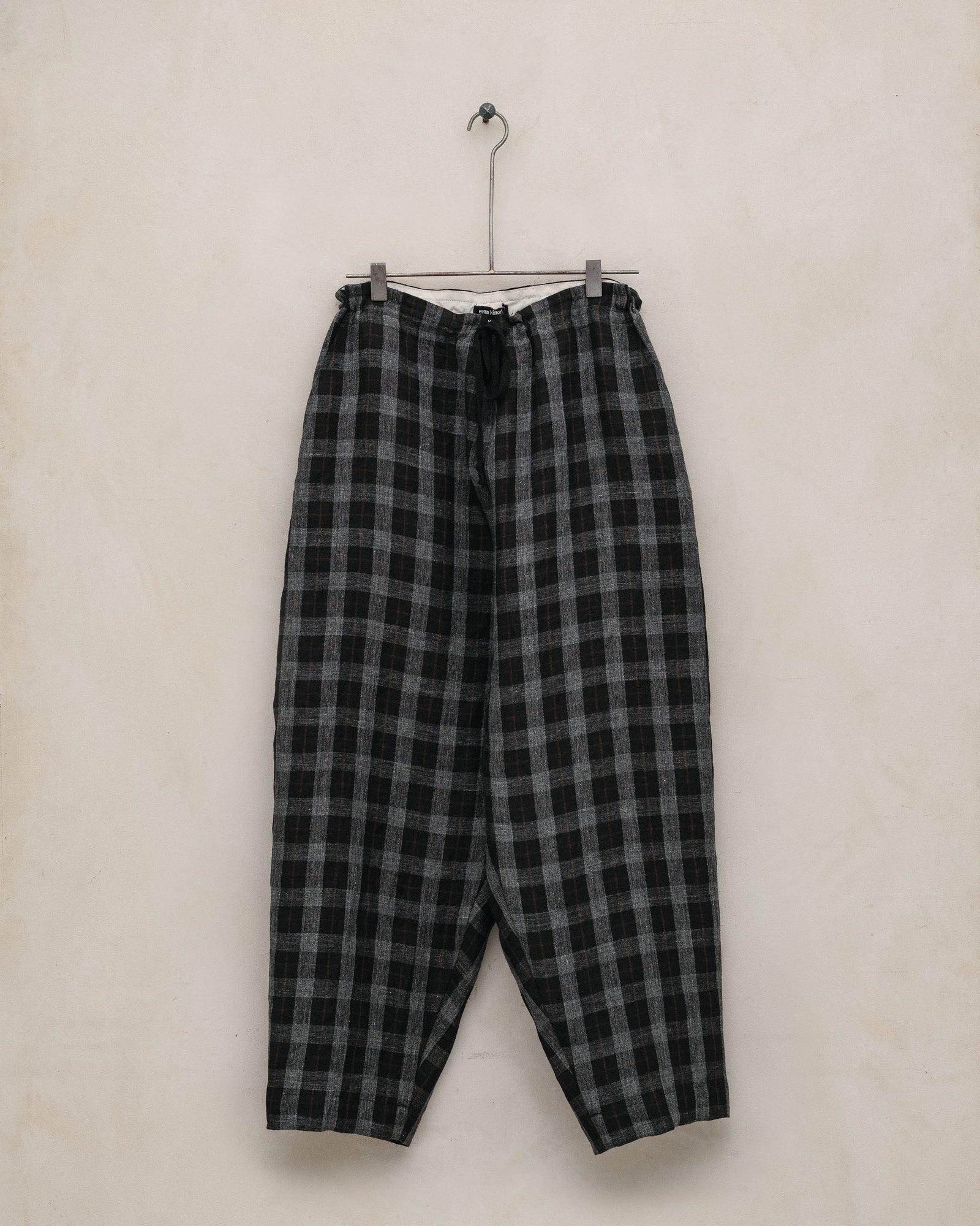 Drawstring Pant - Yarn Dyed Linen Check, Charcoal/Brown/Black