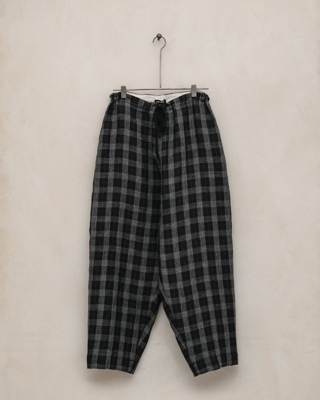 Drawstring Pant - Yarn Dyed Linen Check, Charcoal/Brown/Black