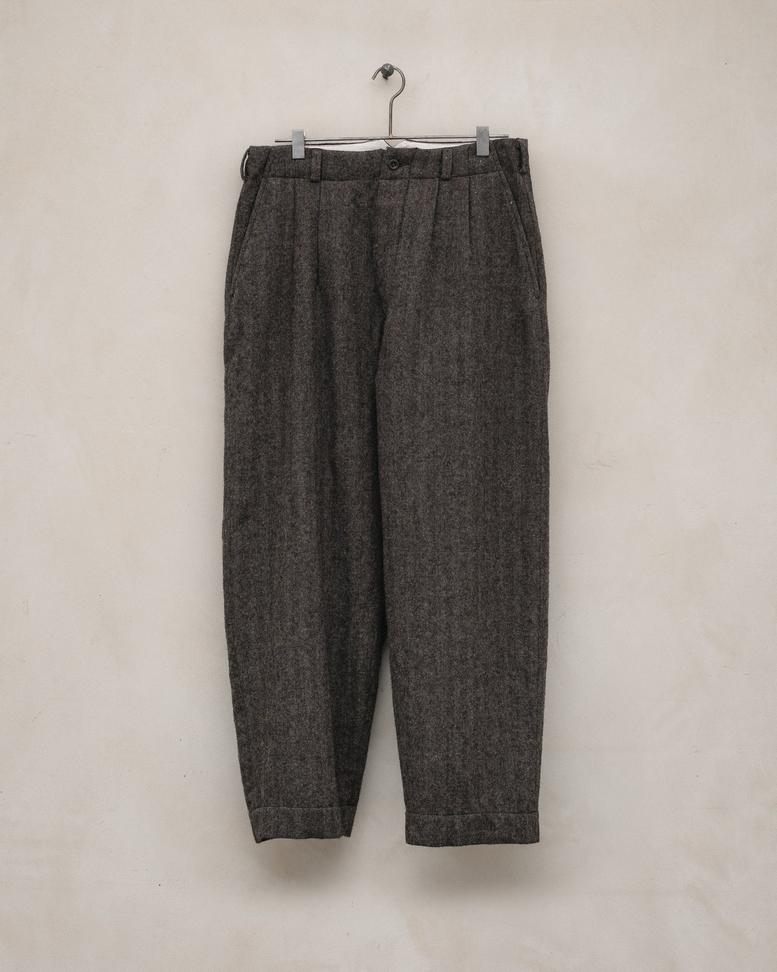 Two Pleat Pant Undyed Wool Herringbone Dark Brown
