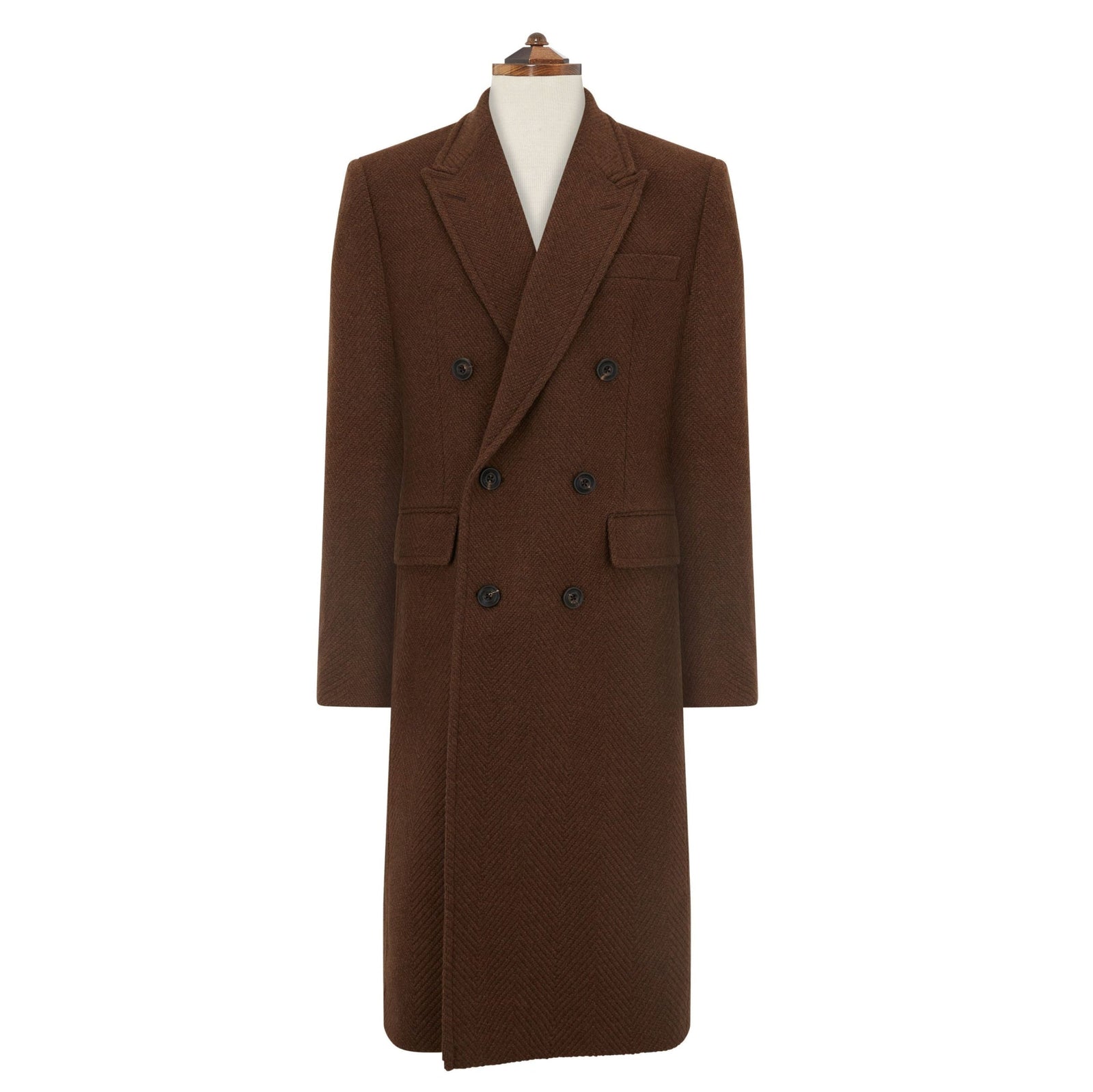Halesworth Brown Textured Herringbone Wool Double Breasted Coat