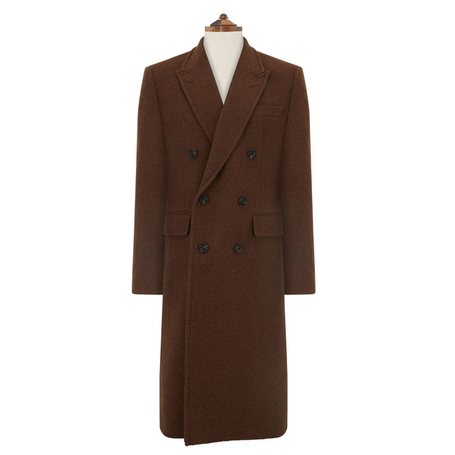 Halesworth Brown Textured Herringbone Wool Double Breasted Coat