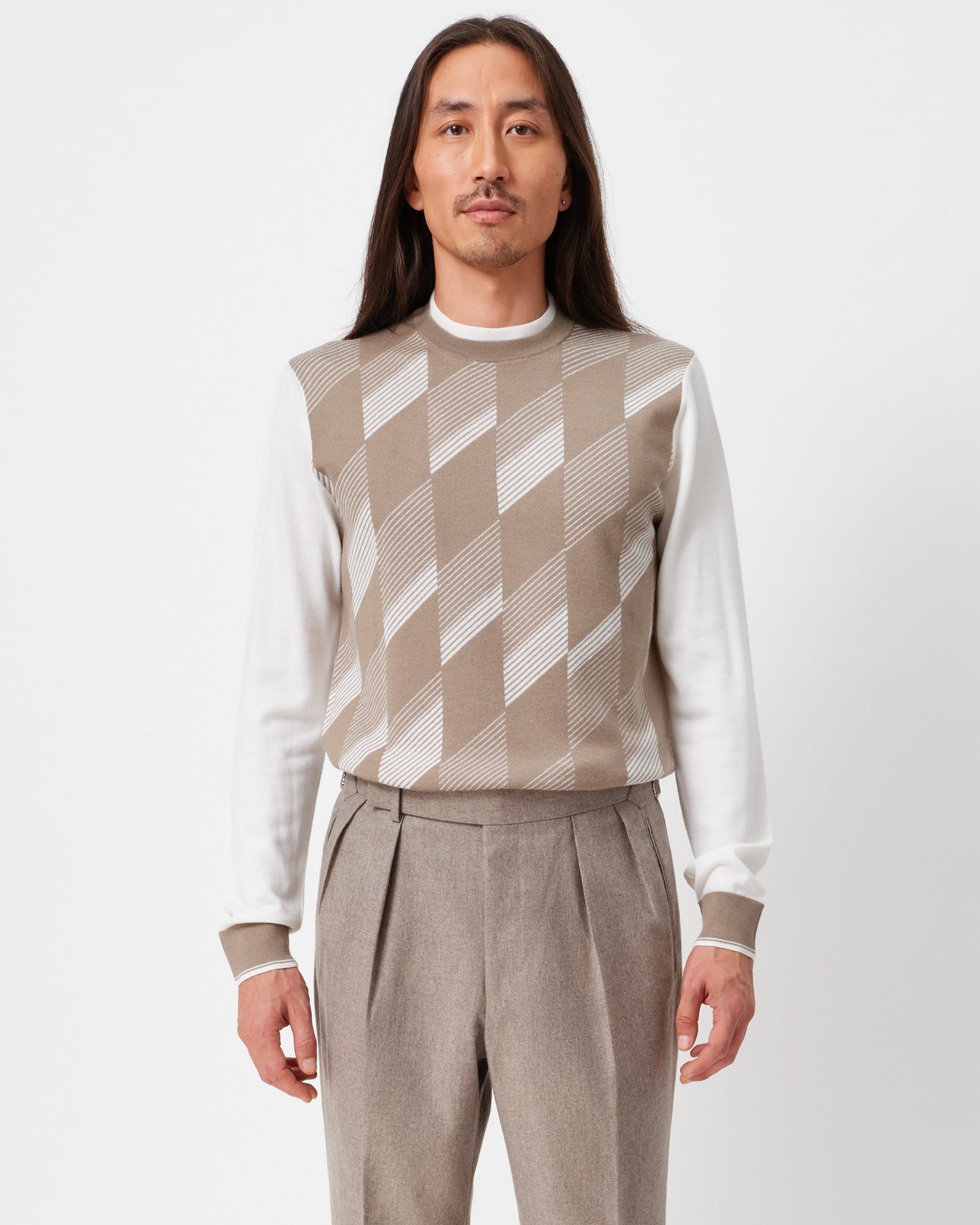 Beige And Cream Geometric Crew Neck