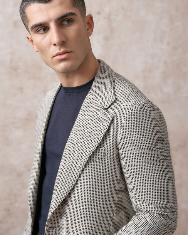 Cream and Navy Silk Blend Unstructured Jacket
