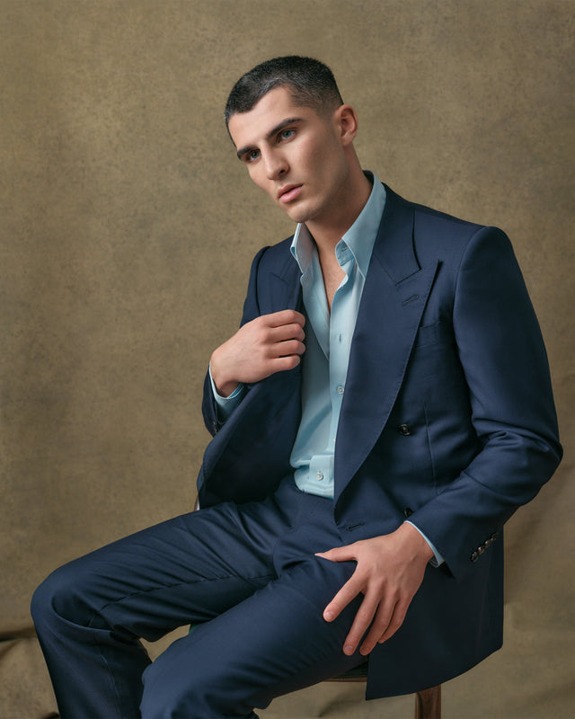 Navy Mesh Low Double-Breasted Blazer