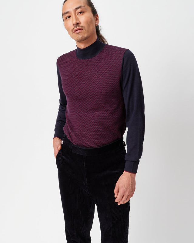 Navy and Burgundy Herringbone Mock Neck