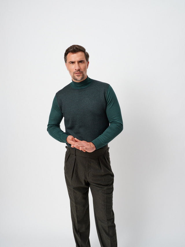 Forest Green and Charcoal Herringbone Mock Neck
