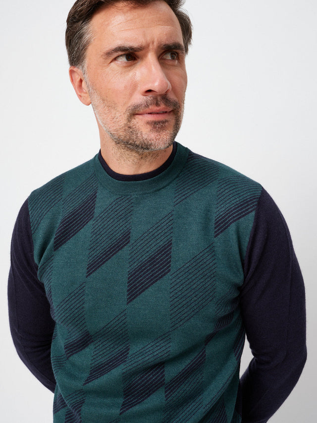 Navy and Green Geometric Crew