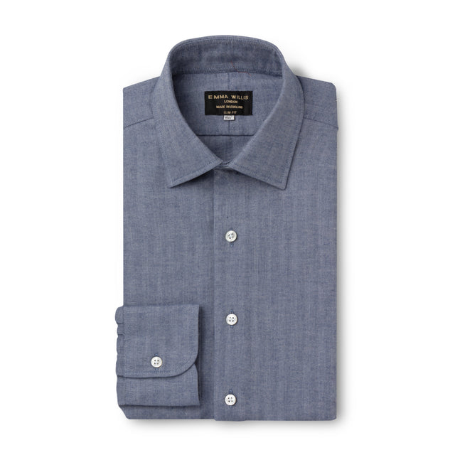 Denim Herringbone Wool Cotton Blend Shirt - New