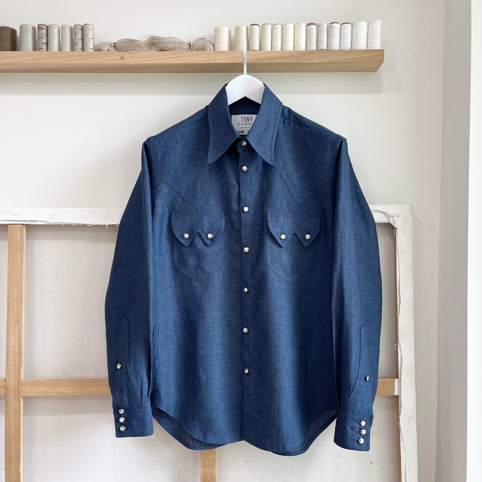 Blue Chambray Linen Sawtooth Western Shirt