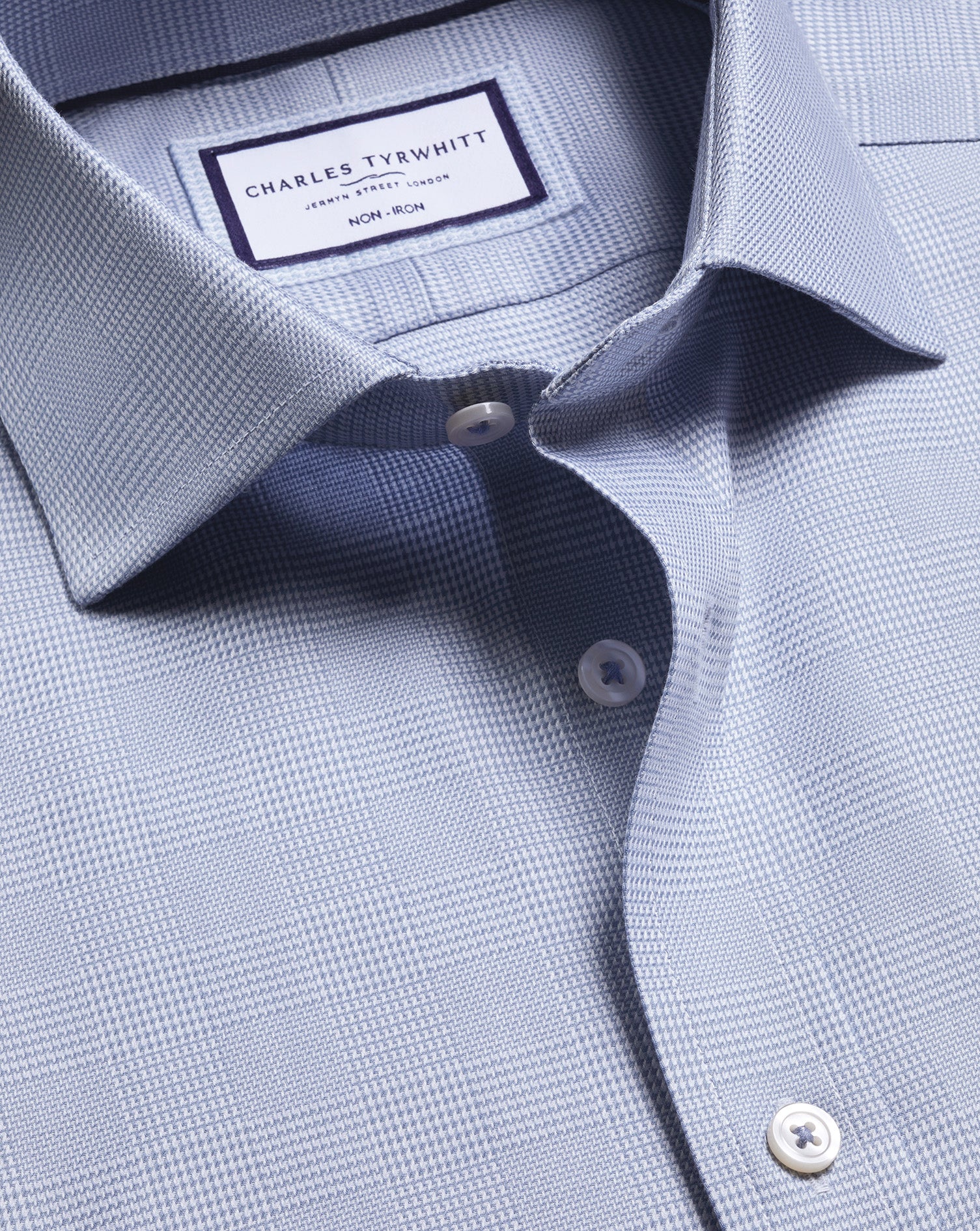 Non-Iron Stretch Burlington Weave Prince of Wales Check Shirt - Mid Blue