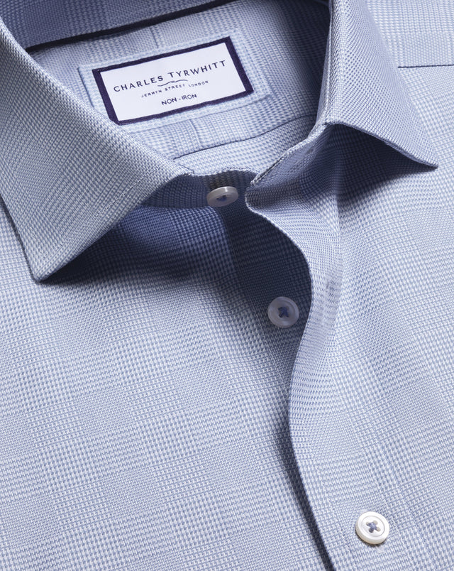 Non-Iron Stretch Burlington Weave Prince of Wales Check Shirt - Mid Blue