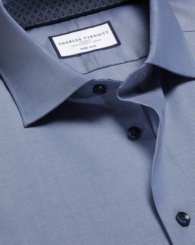 Non-Iron Stretch Printed Trim Shirt - Steel Blue
