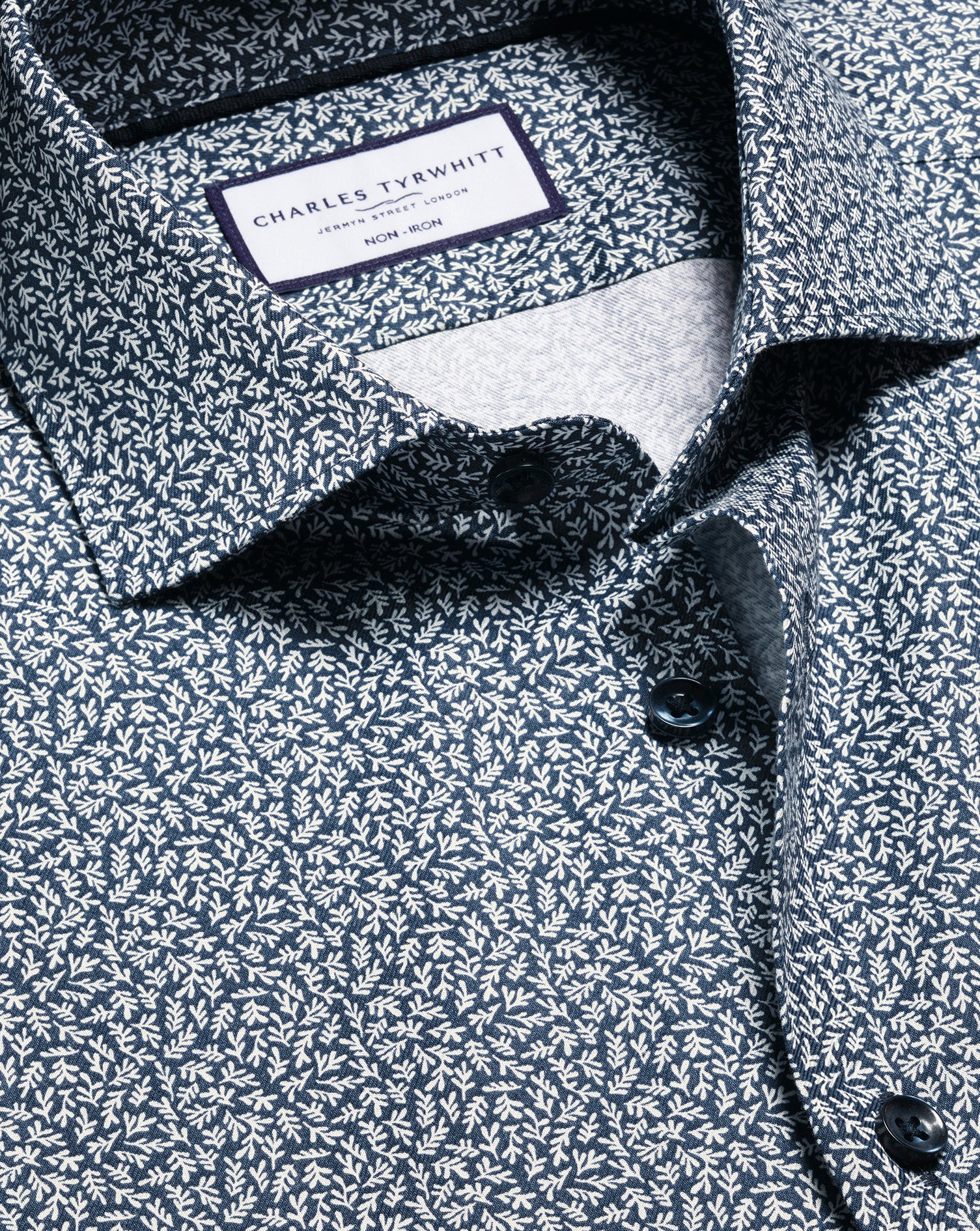 Non Iron Stretch Leaf Print Shirt Ink Blue
