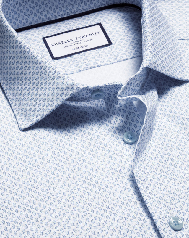 Non-Iron Stretch Paisley Print Shirt - Light Blue