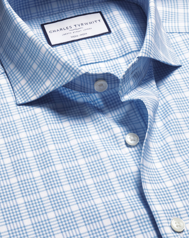 Non-Iron Twill Performance Check Shirt- Cornflower Blue