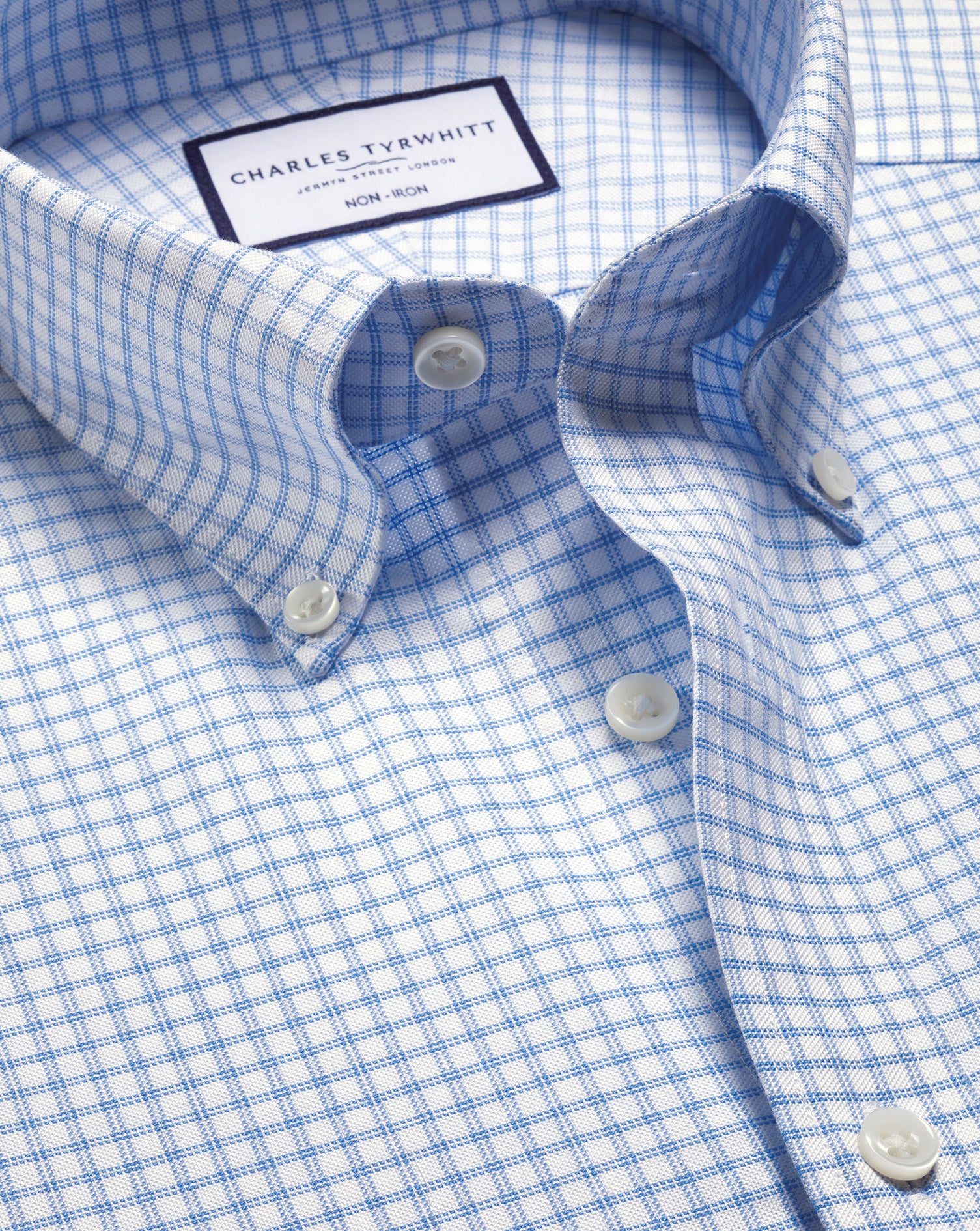 Non Iron Stretch Oxford Check Shirt Cornflower