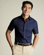 Non Iron Cotton Linen Short Sleeve Shirt Ink Blue