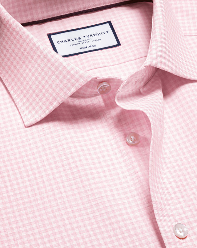 Non-Iron Cotton Linen Check Short Sleeve Shirt - Pink