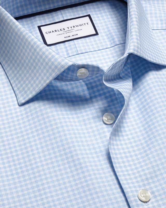 Non-Iron Cotton Linen Check Short Sleeve Shirt - Sky Blue