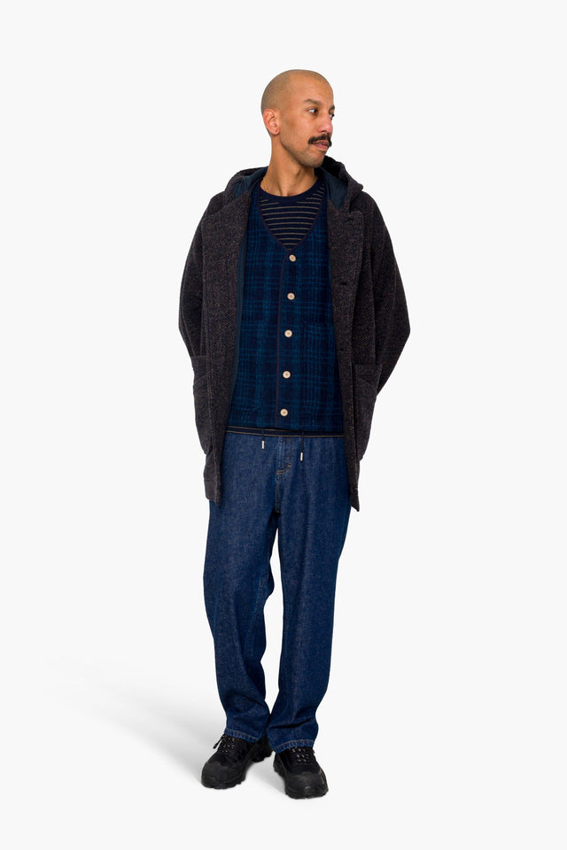 Hooded Car Coat - Navy Brown Texture