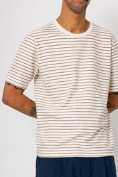 Short Sleeve Textured Striped T Shirt Ecru Burnt Red