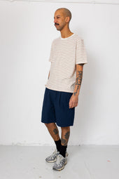 Short Sleeve Textured Striped T Shirt Ecru Burnt Red