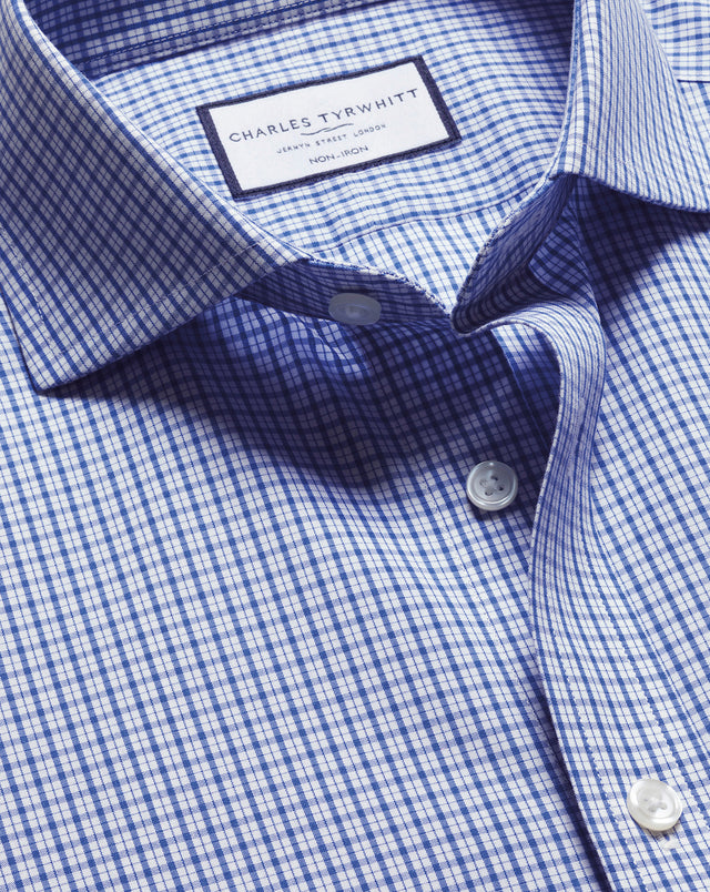 Non-Iron Poplin Grid Check Shirt - Cobalt Blue