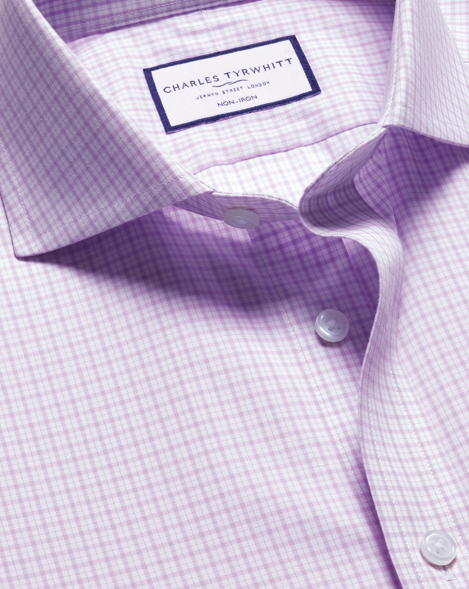 Non Iron Poplin Grid Check Shirt Lilac Purple