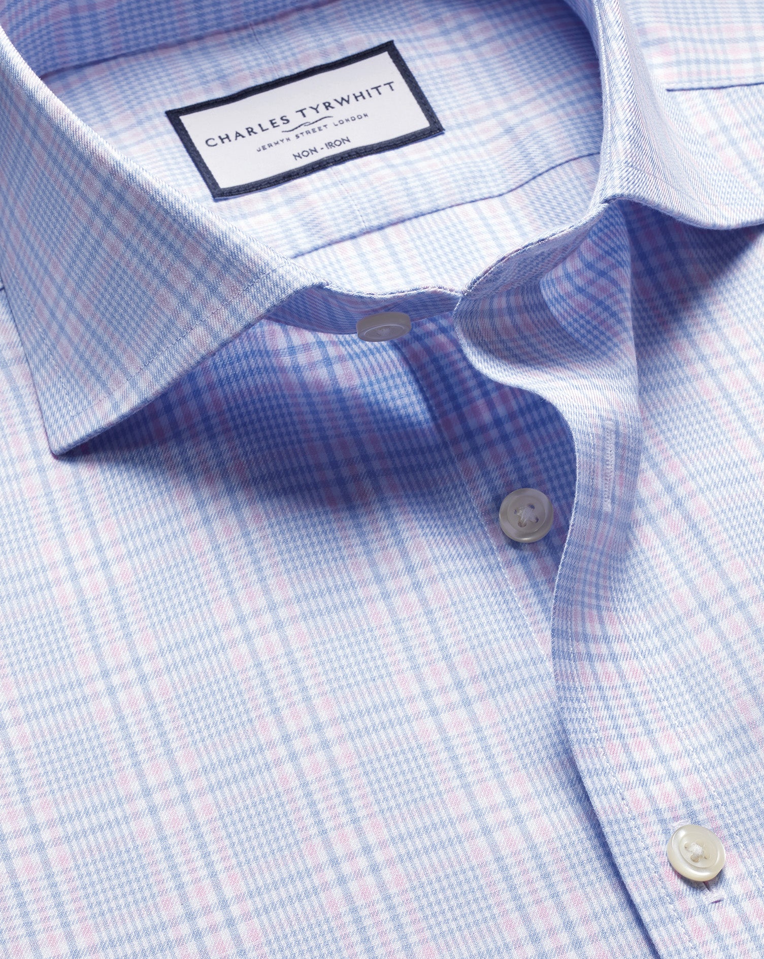 Non-Iron Twill Prince of Wales Shirt - Sky Blue & Pink
