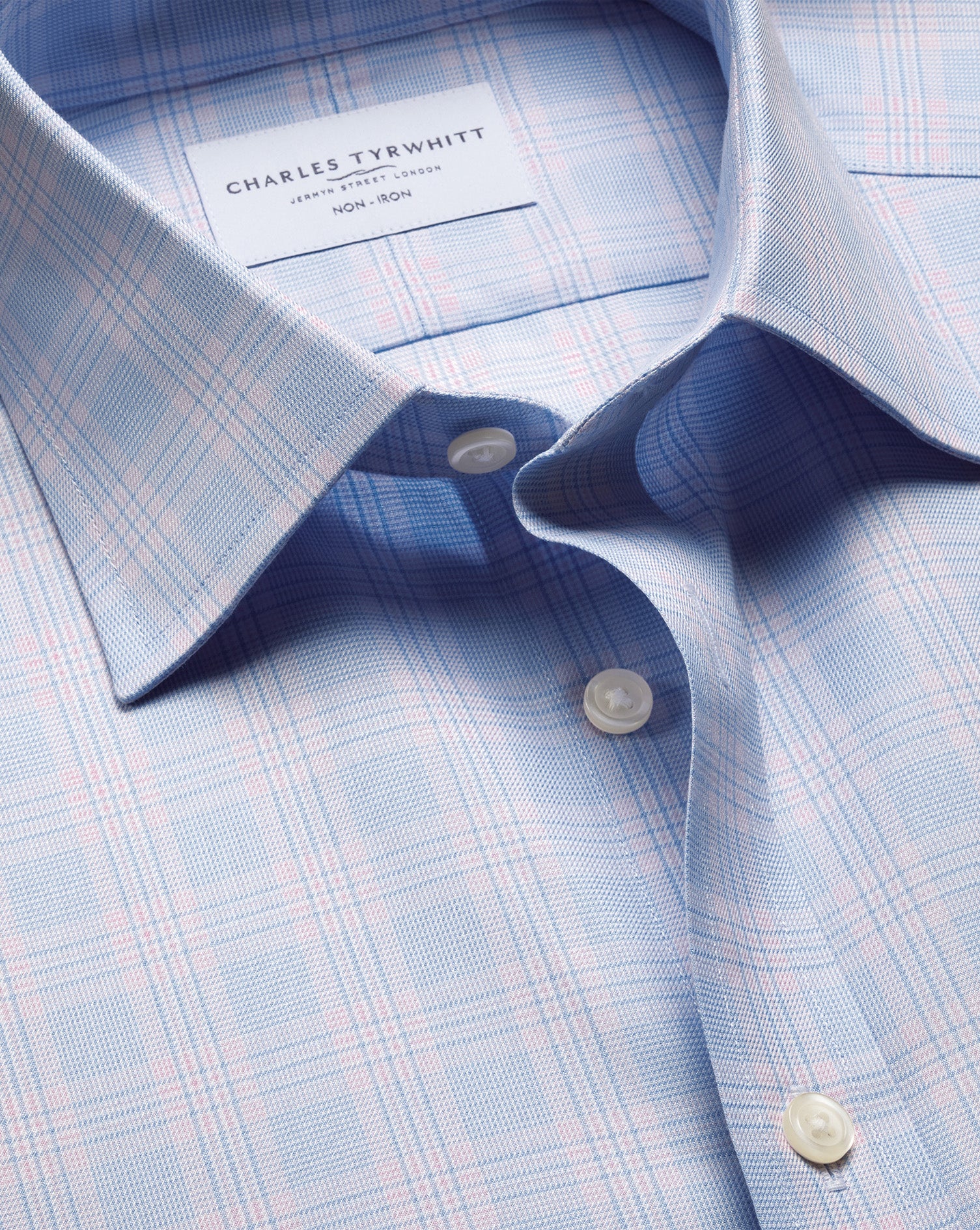 Non-Iron Twill Prince of Wales Check Shirt – Sky Blue & Pink
